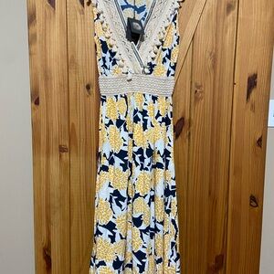 Floral Maxi Dress with Crochet Trim. Made in Italy stretchy waist